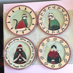 Fiddlestix Oneida Holiday Cats Set of Four Stoneware Salad Dessert Plates